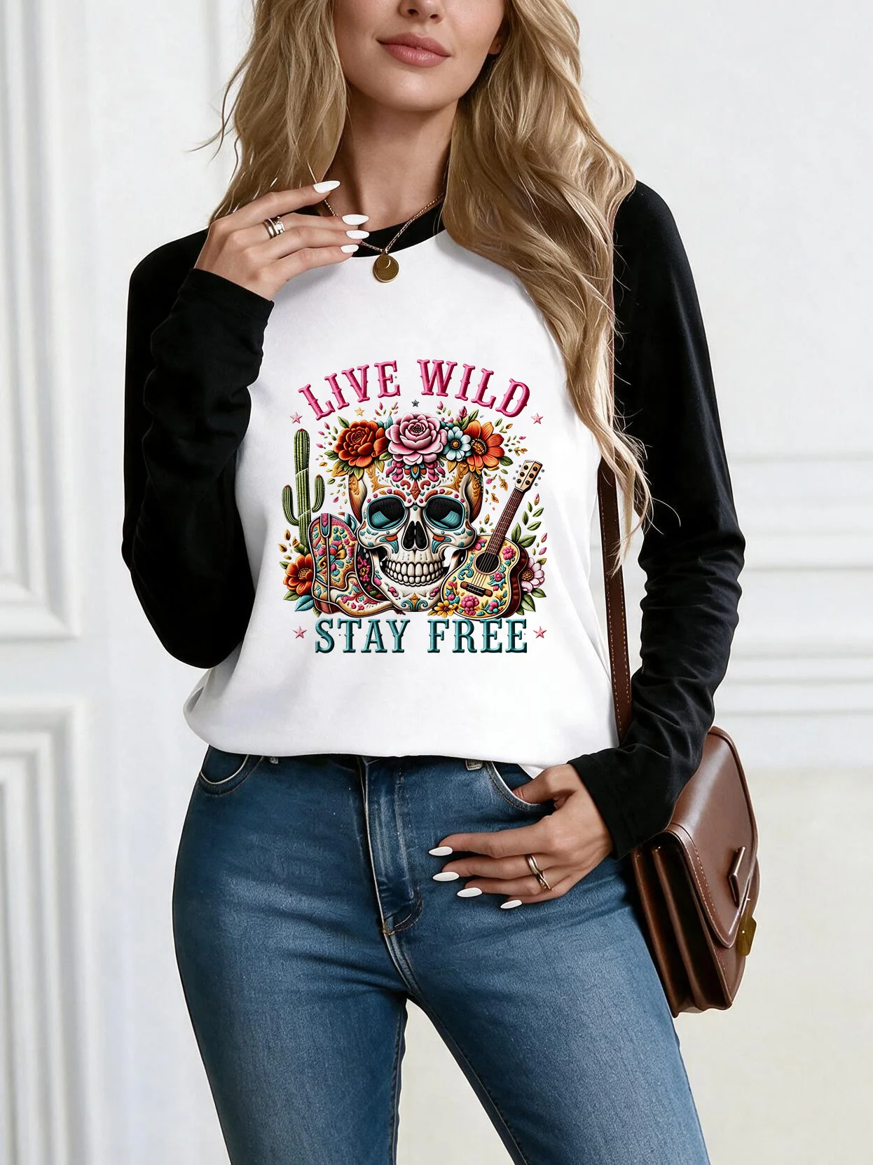 Women's Fashion Crew Neck Raglan Long Sleeve T-Shirt Live Wild Stay Free Sugar Skull Cactus Guitar Floral Print T Shirt Clothes