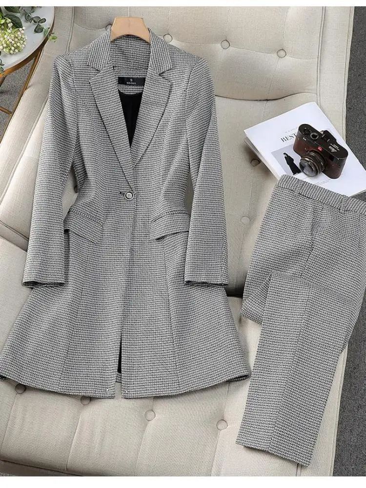 

Autumn Winter Women Formal Office Lady Business Two Pieces Set Slim Plaid Blazer Long Coat And High Waist Ankle-length Pant Suit
