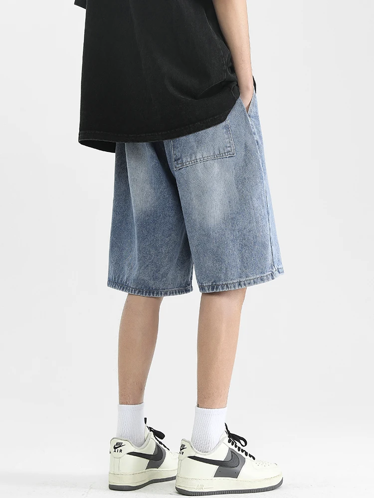 Grey men's denim shorts with straight button pattern, men's jeans, pants, denim retro streetwear, wide style, summer new style