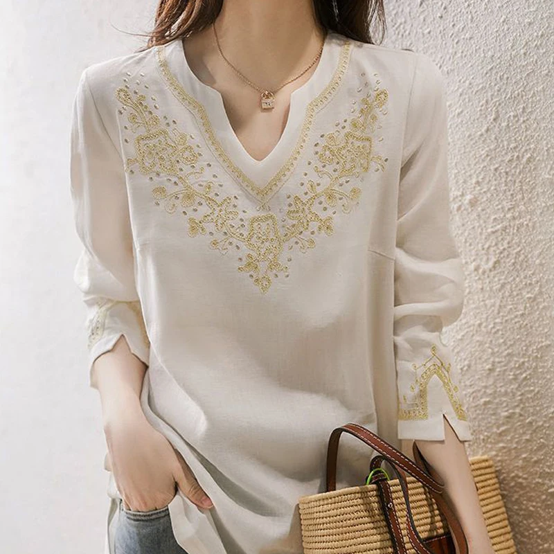 Ladies Cotton Linen Top Women Elegant White Blouse Summer 2023 Fashion Embroidery Luxury Clothes Vintage Pullover Oversize Shirt