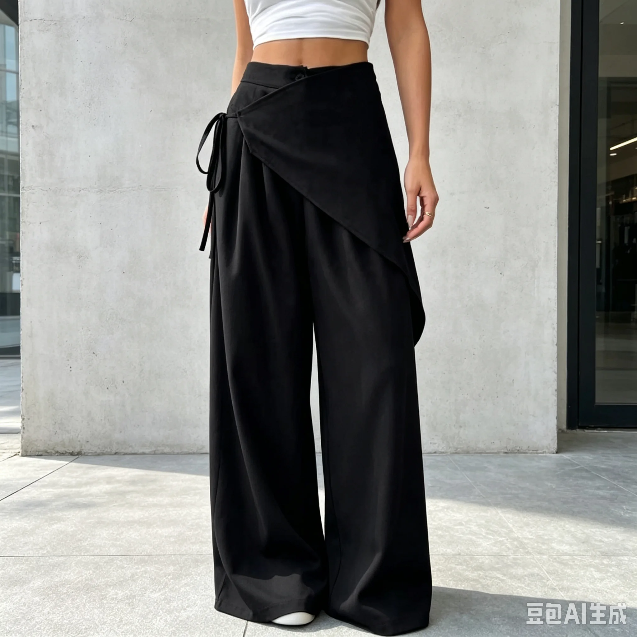 B 2026 New Women Wrap Over Wide Leg Pants High Waist Tie Side Irregular Panel Loose Trousers Casual Streetwear Bottoms