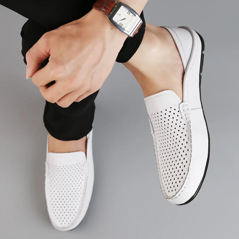 

Fashion Leather Men Casual Shoes Slip on Formal Loafers Luxury Brand Comfortable Men Hollow Out Italian Soft Male Driving Shoes
