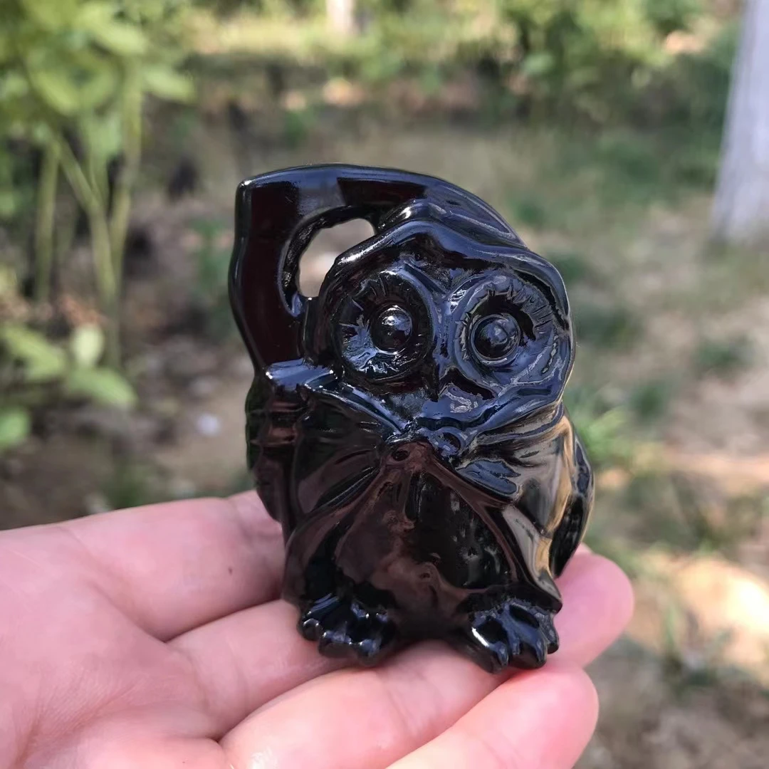 60mm Owl Statue Natural Obsidian Crystal Stone Carving Healing Animal Figurine Home Decoration Crafts Gifts