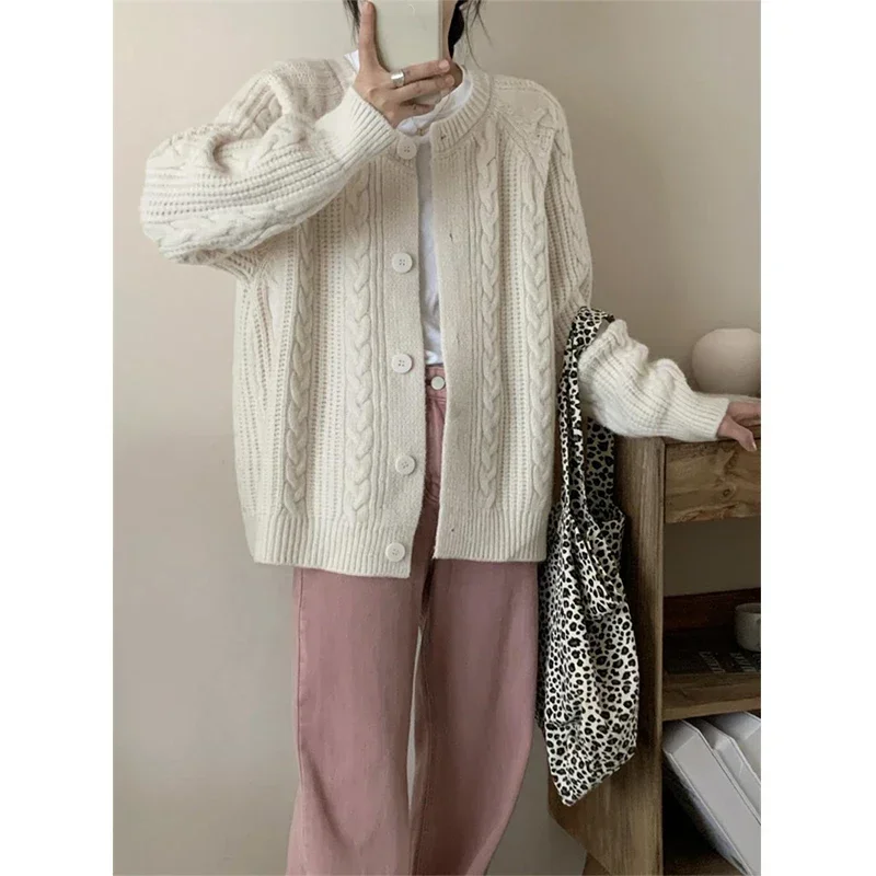 Autumn Twist Cardigan Women Vintage Casual Knitted Cardigan Fashion Long Sleeve Single Breasted Sweater Coat