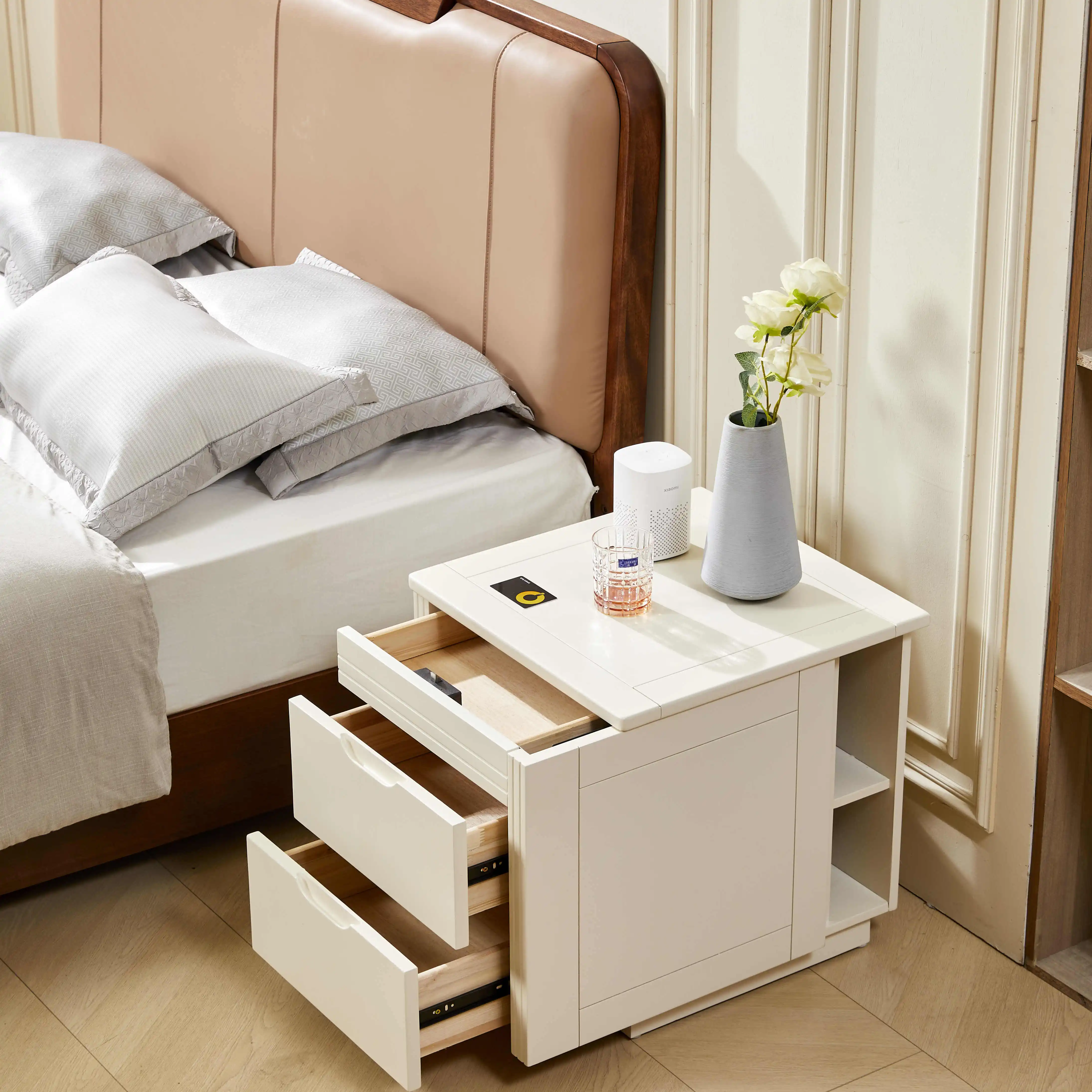 

Solid wood double hidden compartment safe integrated simple large capacity design bedside table household