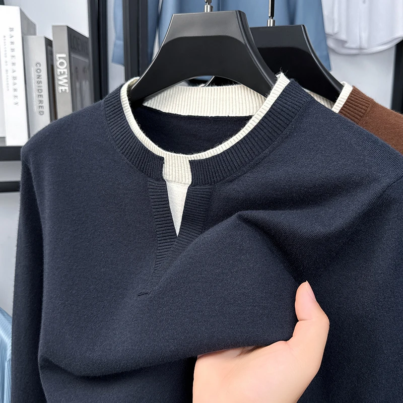 Hot Sales Luxury Quality Men's O-Neck Fake Two Piece Knitted Sweater Autumn Winter New Solid Color Minimalist Versatile Menswear