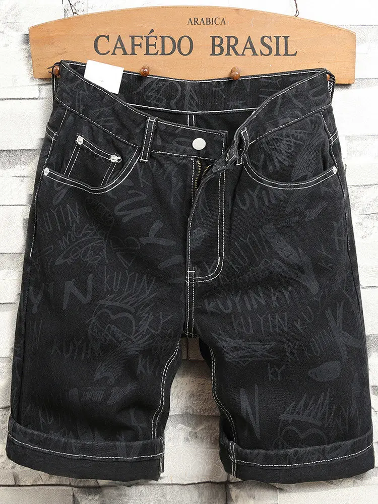 Luxury Fashion Black Streetwear Casual Cool and Stylish Men's Denim Shorts for Summer with Print Design  High Street Short Jeans