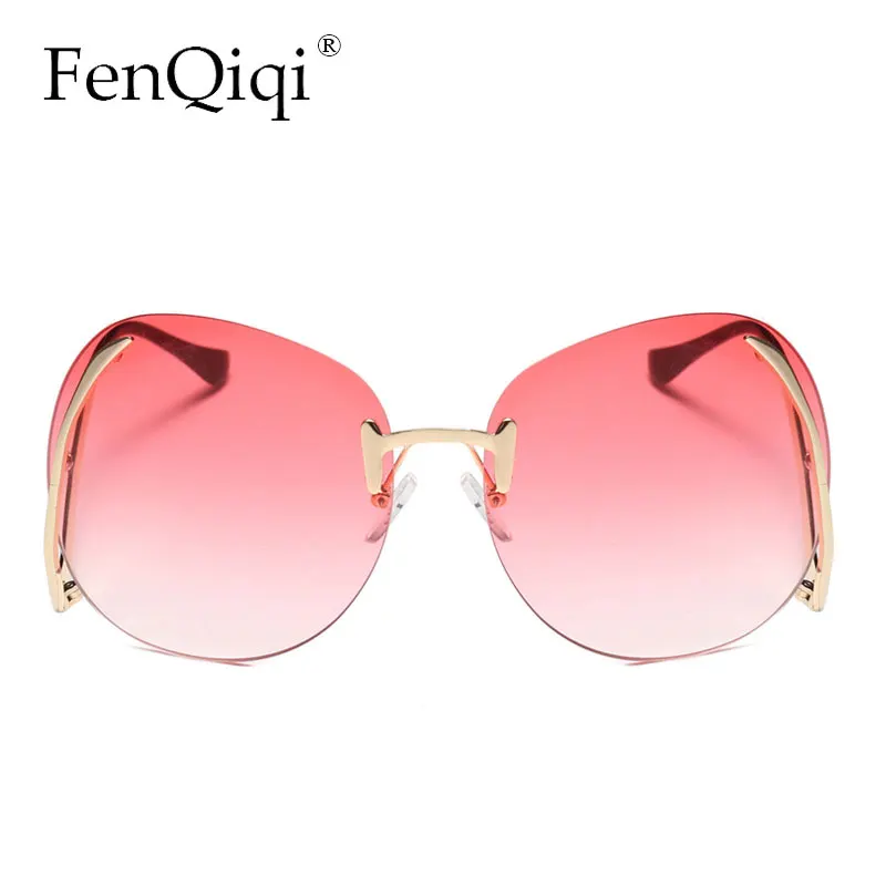 Oversized Rimless Gradient Sunglasses Women Brand Designer Round Sun Glasses Shades Female Big Frames Visor Glasses UV400