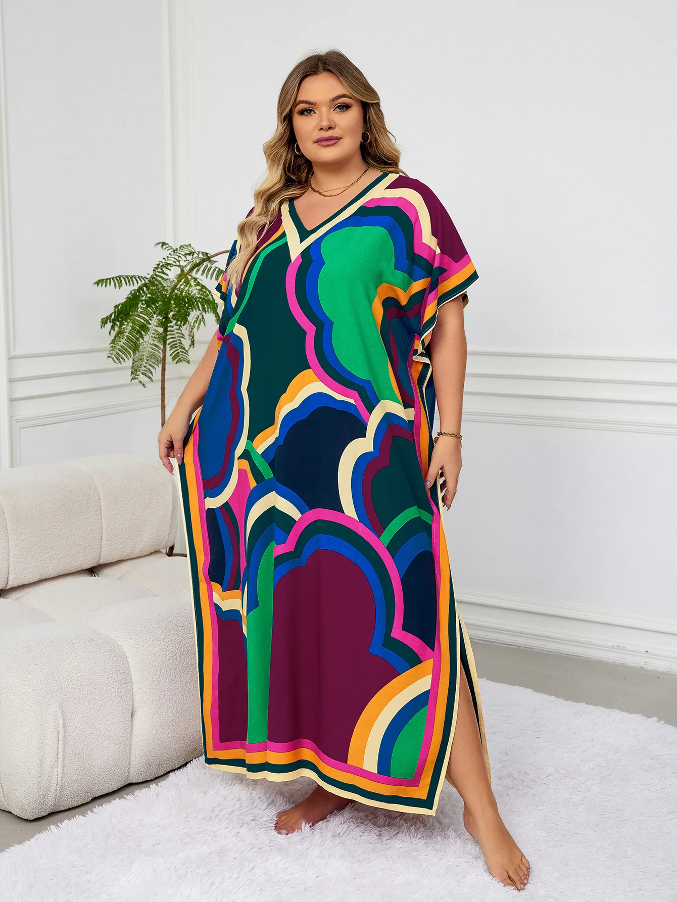 Artystyczny nadruk Plus Size Kaftan długa sukienka dla kobiet 2024 lato Sexy dekolt w szpic rękaw w kształcie skrzydła nietoperza Oversize szata