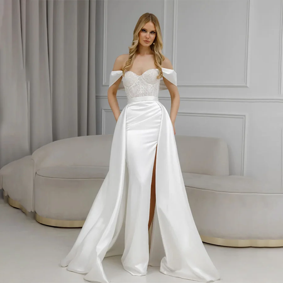 

Sweetheart Sequins Top Cap Sleeves Wedding Gowns Backless Zipper Decorative Skirt Train Evening Dresses