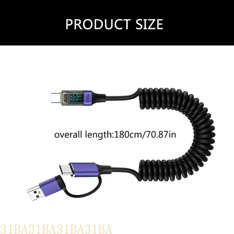 سلك كابل شحن USB C قابل للسحب مع شاشة عرض طاقة رقمية مقاومة للاهتراء مناسبة لبيانات الشحن السريع من النوع C #6