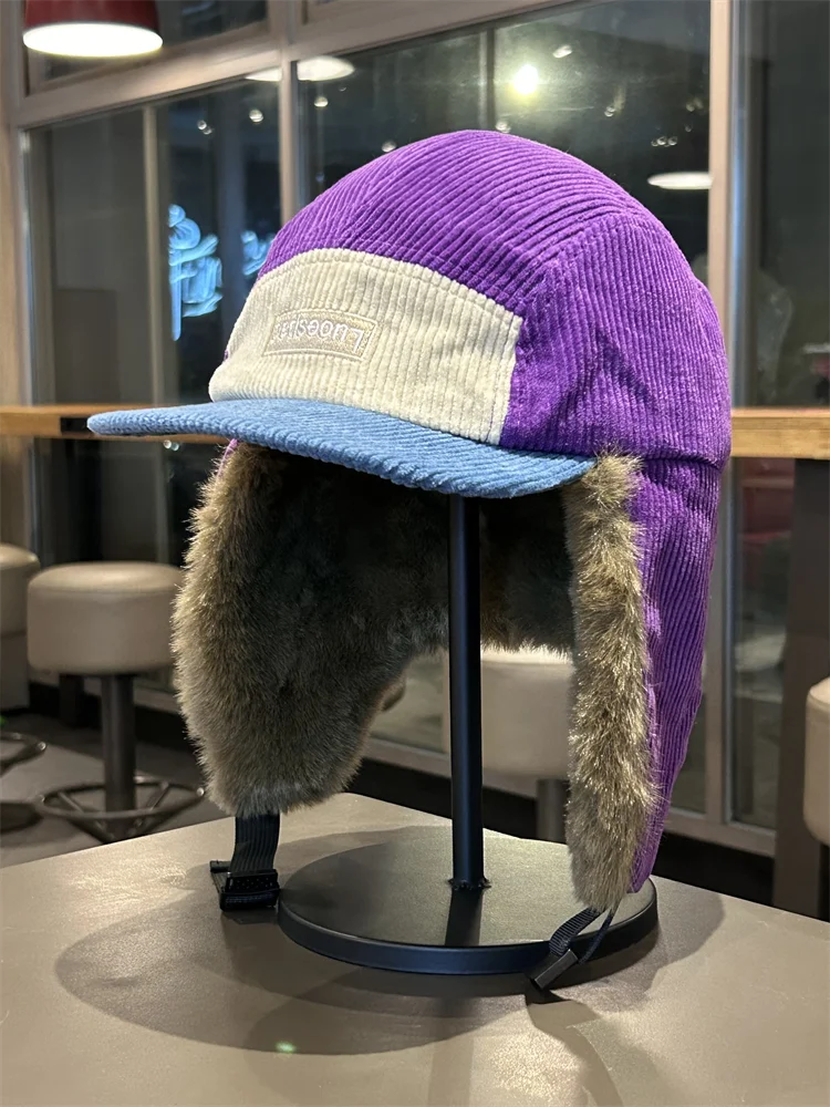 Corduroy Lei Feng Hat for Men and Women, Thickened and Warm, Outdoor Riding Cold-Proof Ear Protection Hat, Snow Flying Hat