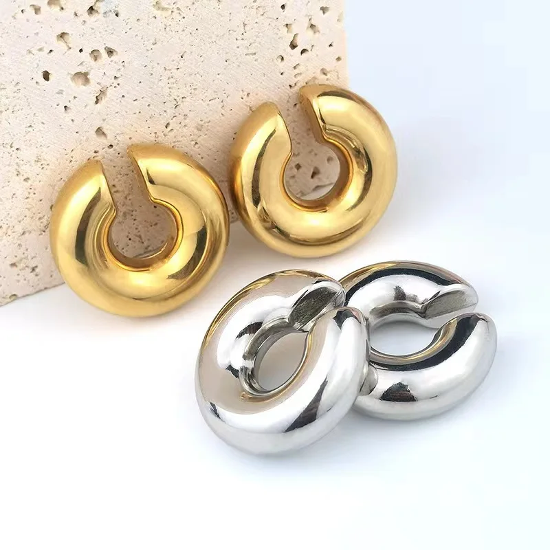 Oversize Chunky Round Circle Clip on Earrings For Women Vintage Fake Piercing Metal Ear Clips Thick Earclips Jewelry Party Gifts