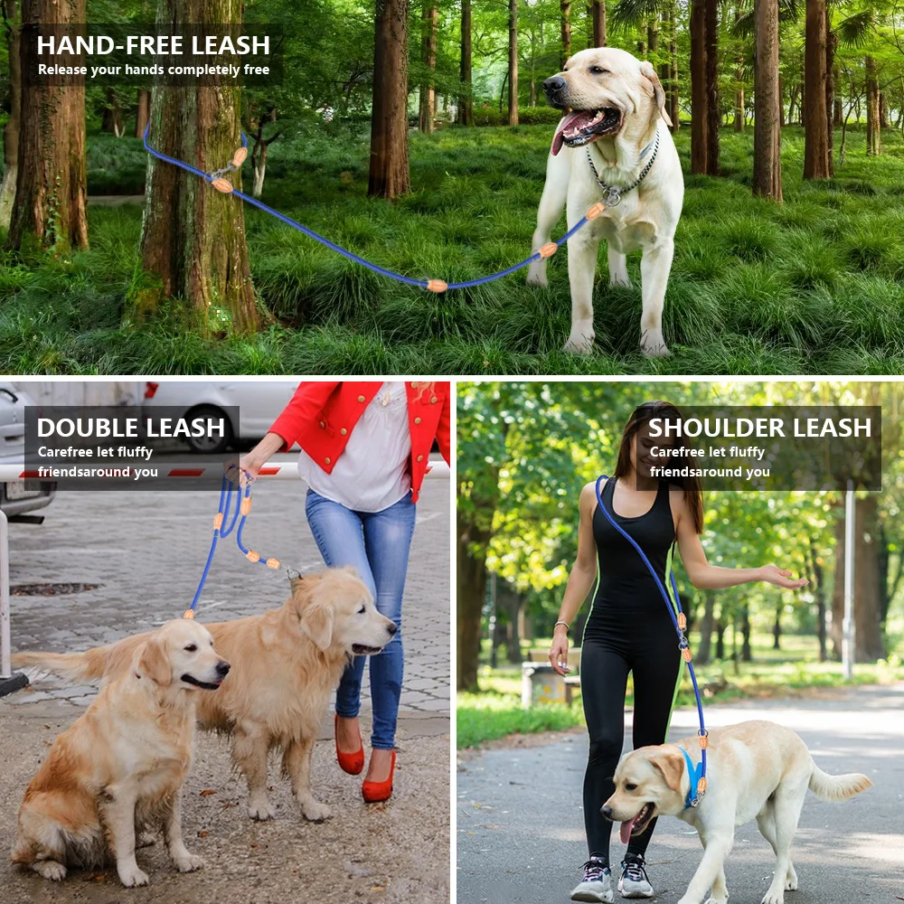 Hot Selling Multi-functional Dual Head Pet Leash Sewn with Genuine Leather Dog Leash Adjustable Size Diagonal Dog Leash