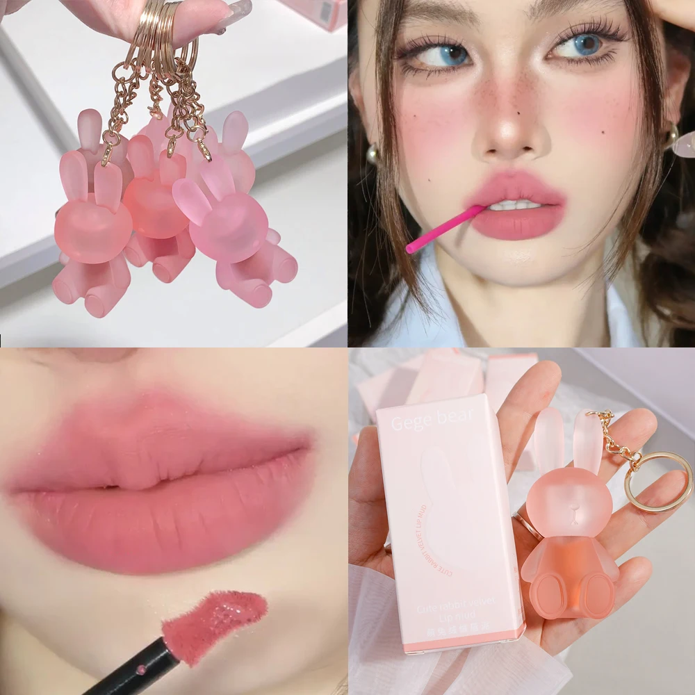 Portable Cute Bear Matte Brown Lipgloss Lip Mud Velvet Nude Red Pink Keychain Lipstick Waterproof Lasting Lip Glaze Cosmetics