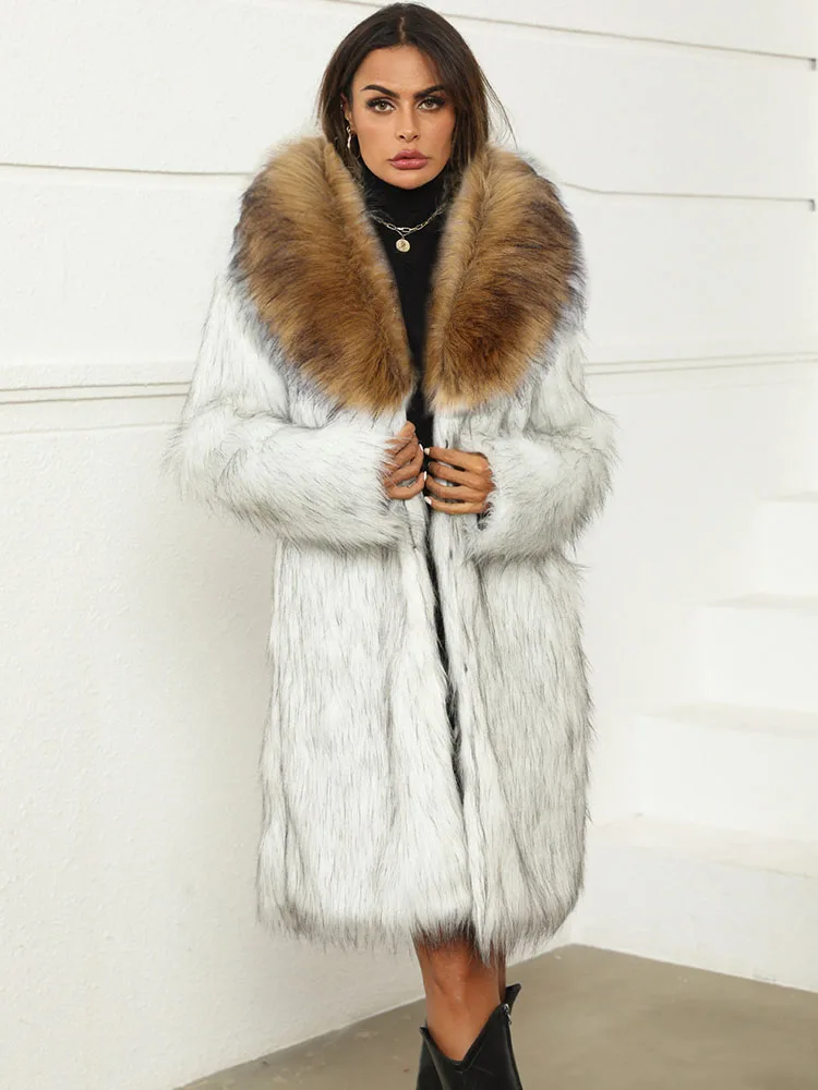 ZADORIN Vinatge Women Long Faux Fur Coat 2024 Winter Fur Collar Pockets Loose Faux Fur Jacket Woman Fur Coats Clothes for Women