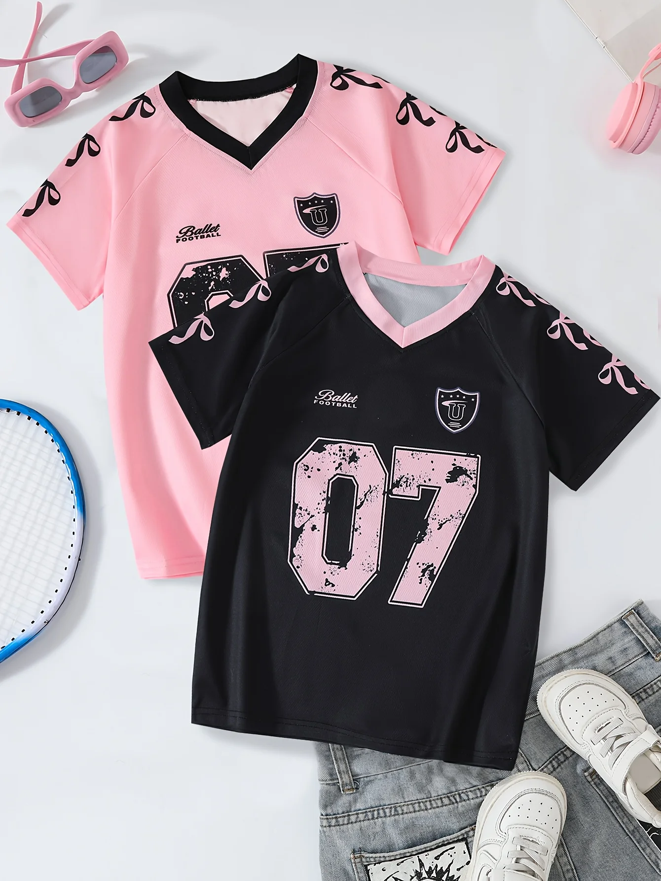 Women's V-neck short-sleeved T-shirt in pink and black contrasting size 07 with bow print cute casual summer sportswear top