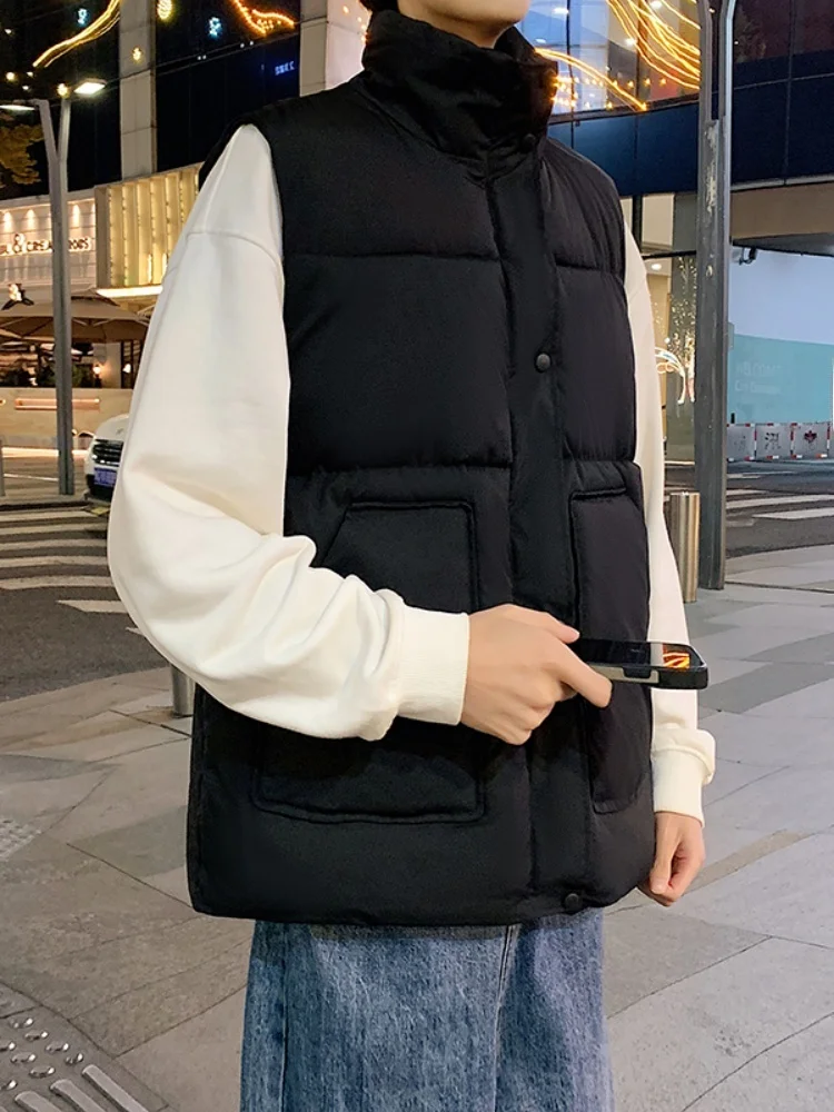 

Thiened Winter Vest Men's Loose Fit Warmth No-Sve Stand Collar oulder Bared Youth Brand Casual Faion Outerwear