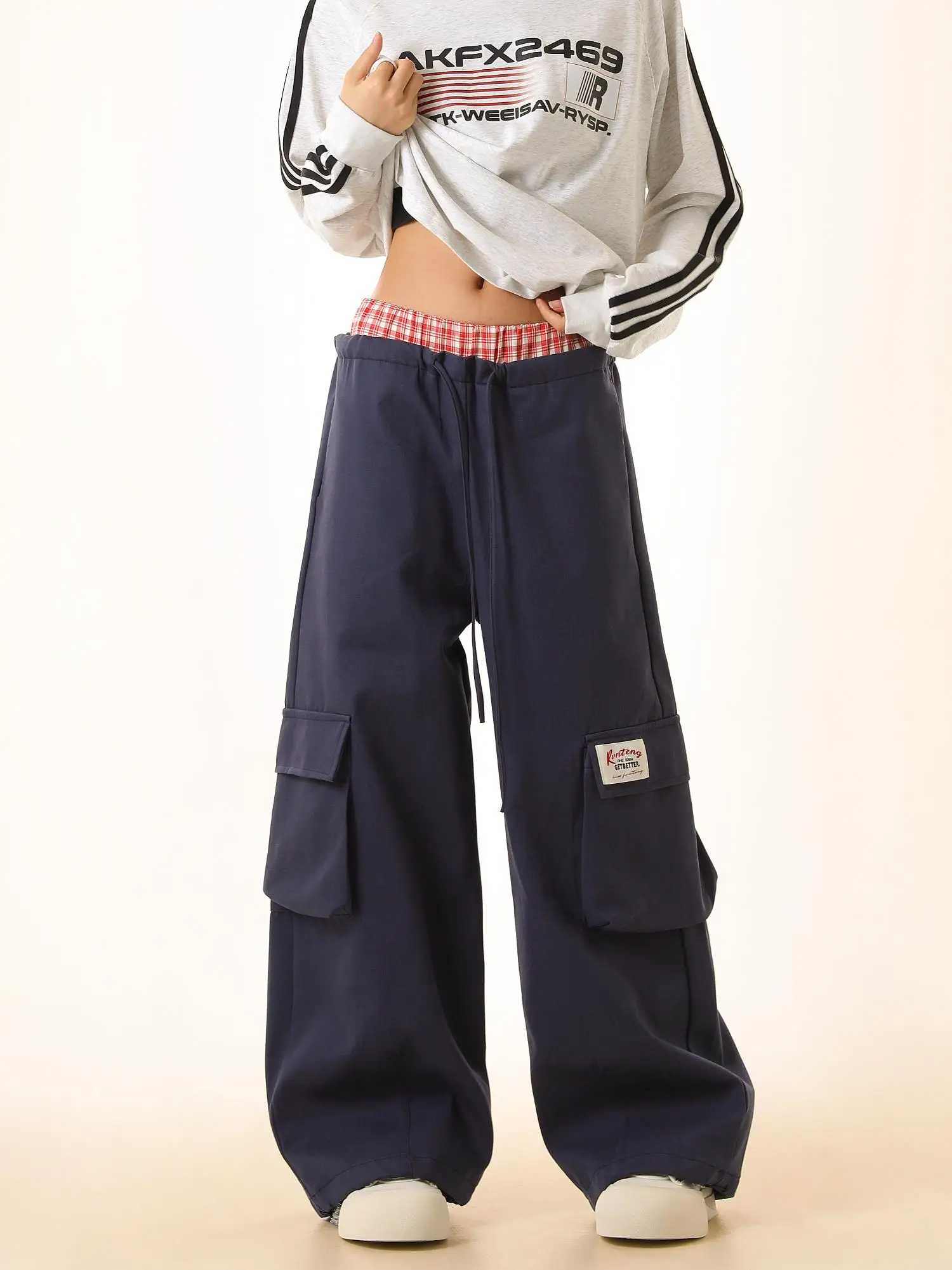 

American Retro Lazy Sle Plaid Fake Two-Piece Casual Pants Loose Straight Leg Wide Leg Workwear Trousers for Men And Women