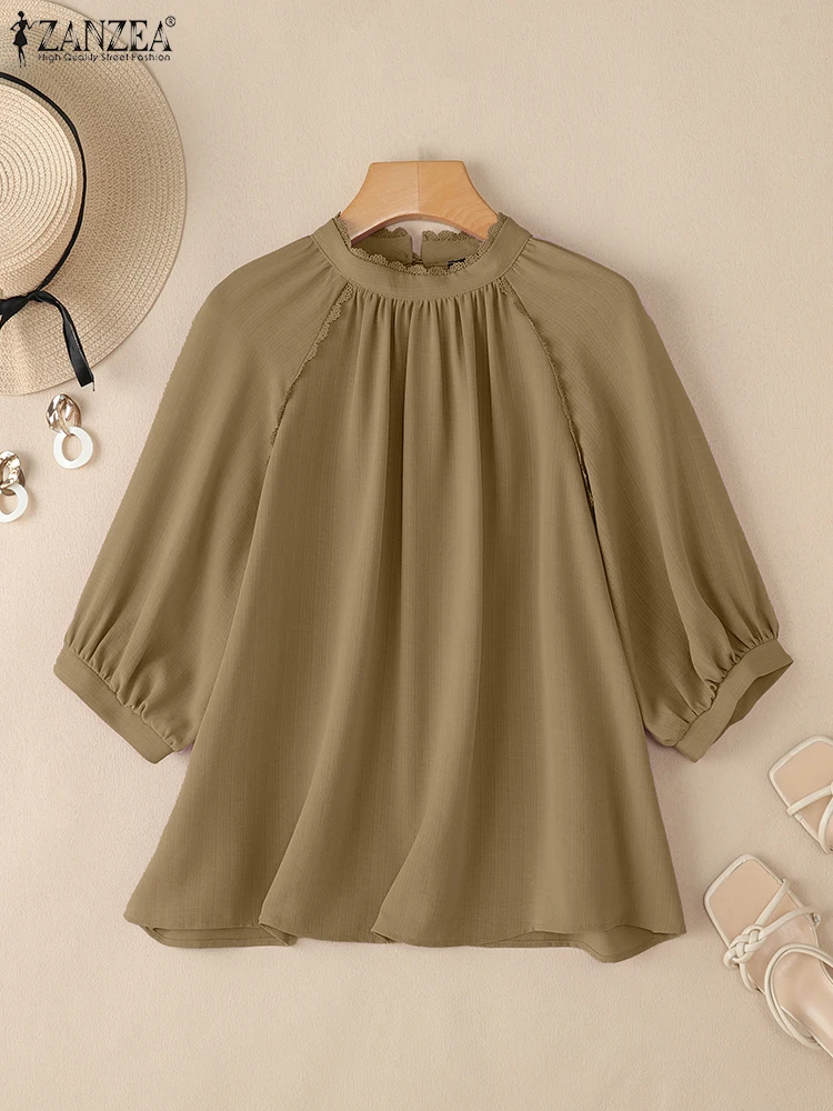 

ZANZEA 2022, летние офисные рубашки, элегантная женская рабочая блузка с воротником-стойкой, кружевные лоскутные Blusas Mujer Femme, туника с рукавом 3/4, топы