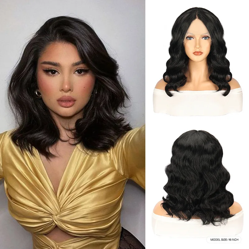 Fashion wig women's hand-woven front lace headgear, medium medium and long curly hair, big waves, high temperature silk