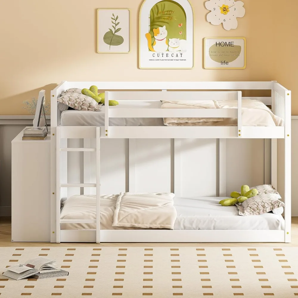

Harper Bright Designs Full Over Full Low Bunk Bed With Storage Solid Wood Frame Four Drawers Three Shelves