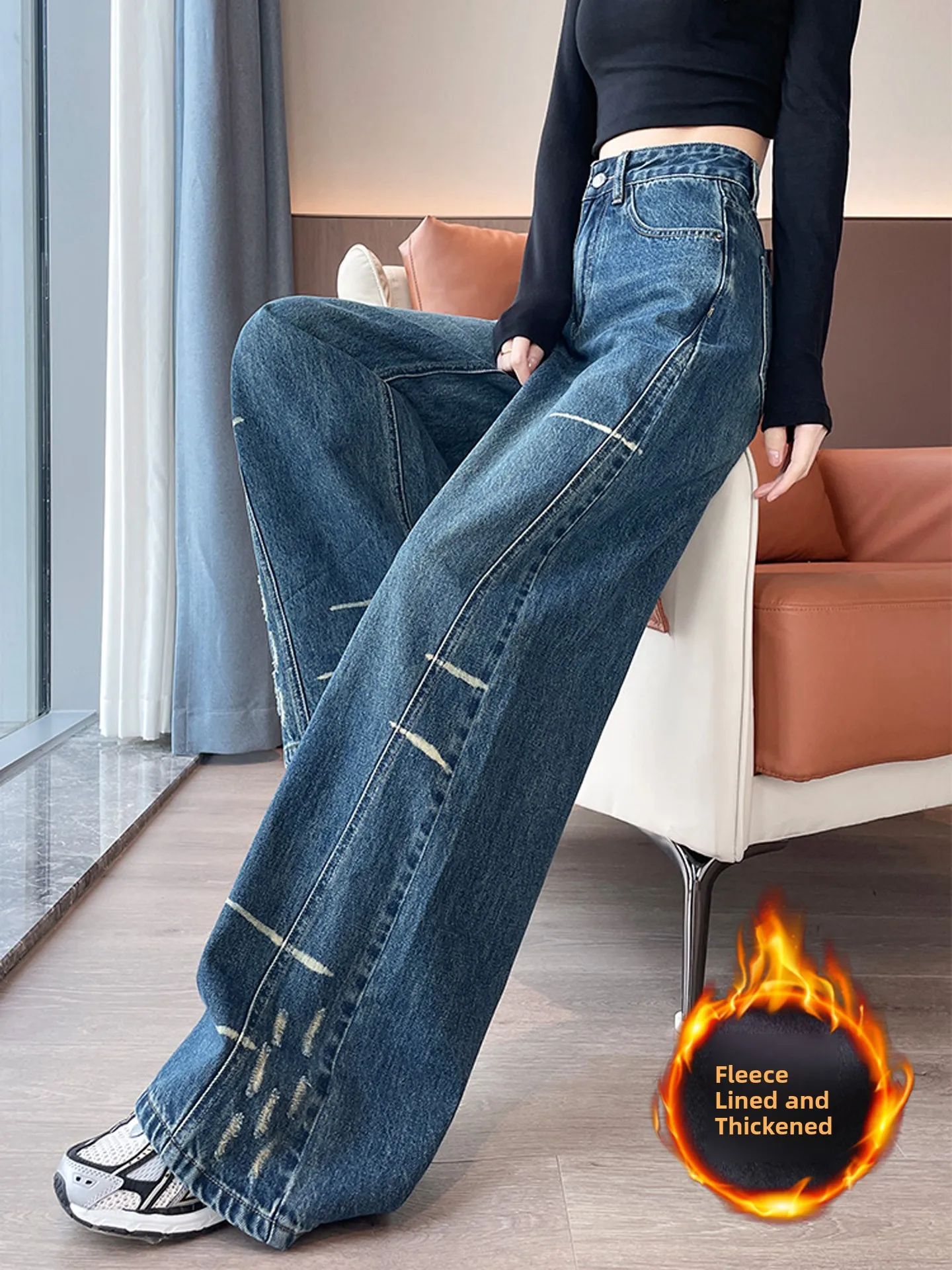 

Retro American Knife Fleece Lined Thickened Women's Jeans High Waist Wide Leg Pants Casual Style Winter Loose Side Splic...