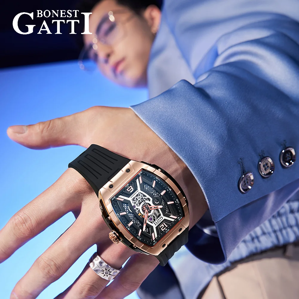 BONEST GATTI Men's Skeleton Auto Mechanical Watch Luxury Sapphire Crystal Silicone Strap 5ATM German Crafted Open Heart BG-5601