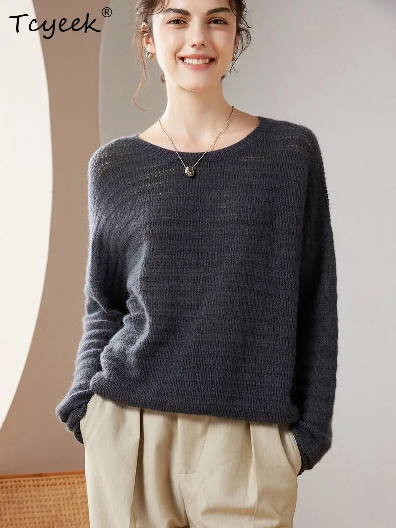 

Tcyeek, 100%Pure Cashmere Elegant Sweaters, Women O-Neck Hollow Out, Fashion Warm Thick Loose Sweater, Autumn Winter T47851QM