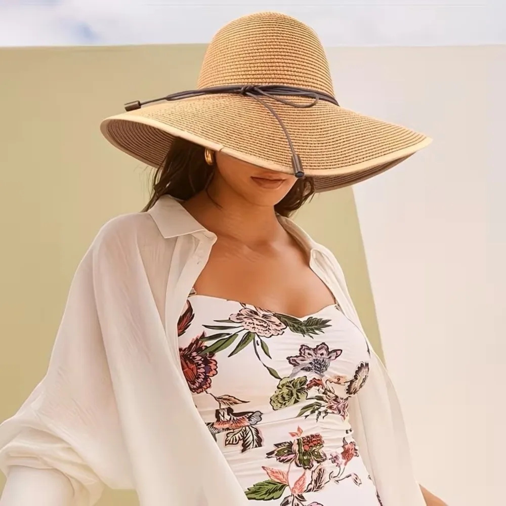 

Fashion Wide Brim Straw Hat Foldable Bowknot Strap Sun Hat UV Protection Panama Cap Ladies Women
