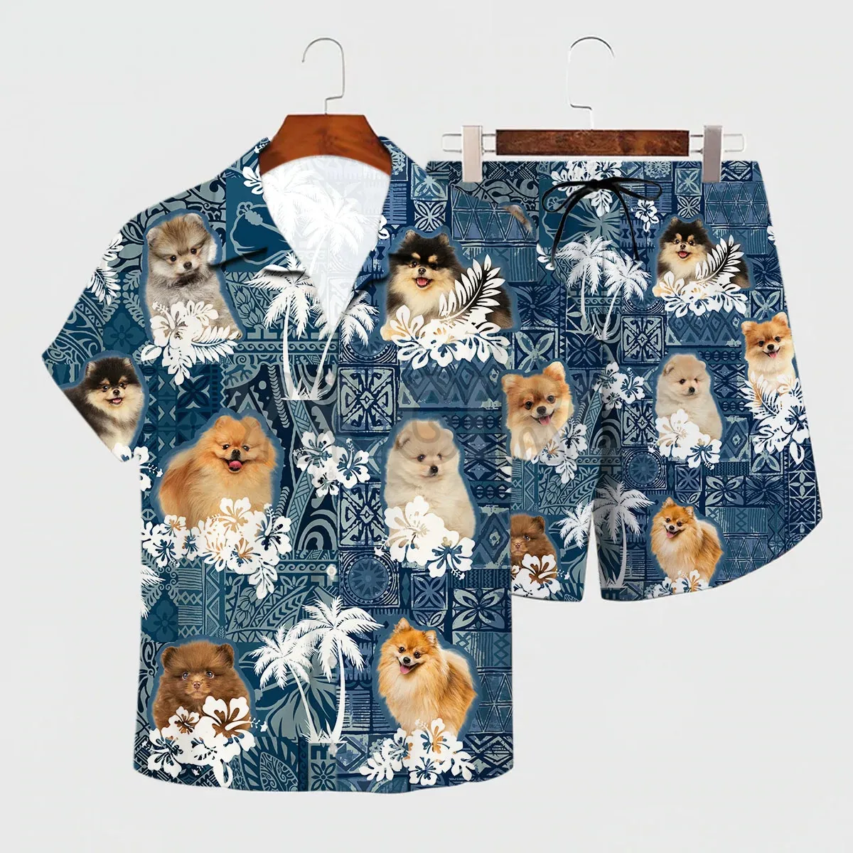 Pommerschen Hawaiian Set 3D Alle Über Gedruckt Hawaii Hemd + Strand Shorts Männer Für Frauen Lustige Hund Sunmmer Kleidung