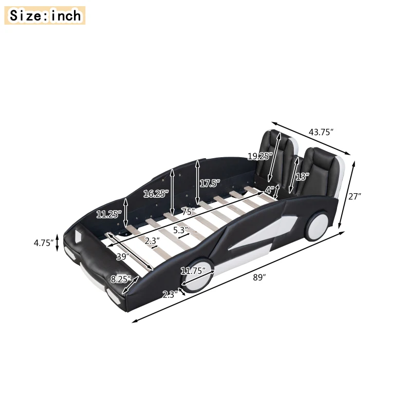 سرير سباق مزدوج الحجم على شكل سيارة مع عجلات ، أسود