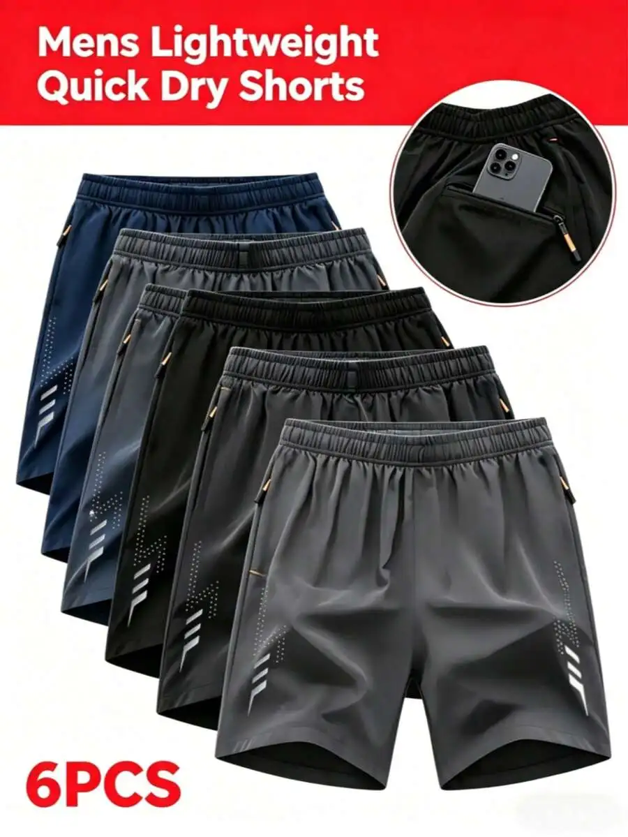 

6-Pack Mens Lightweight Quick Dry Shorts Elastic Waist With Pockets Casual Fitness Running Shorts