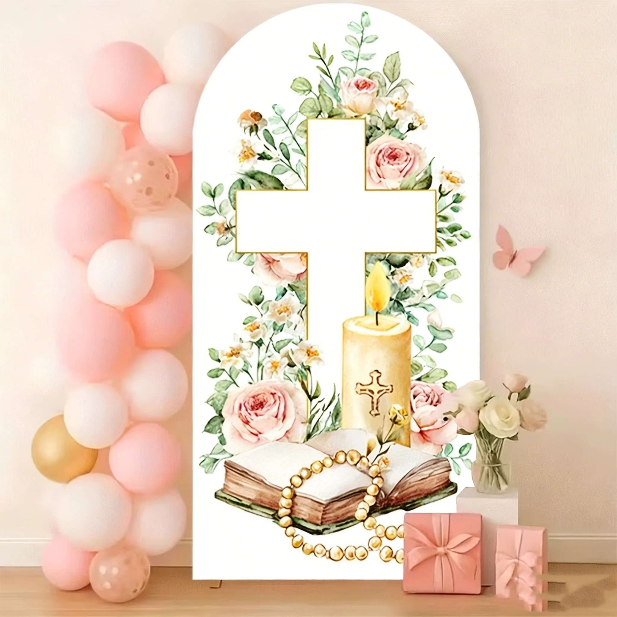 

LS Custom 2-Sided God Bless Mi Bautizo First Communion Party Baptism Christening Cover Chiara Arch Background Decor Backdrop