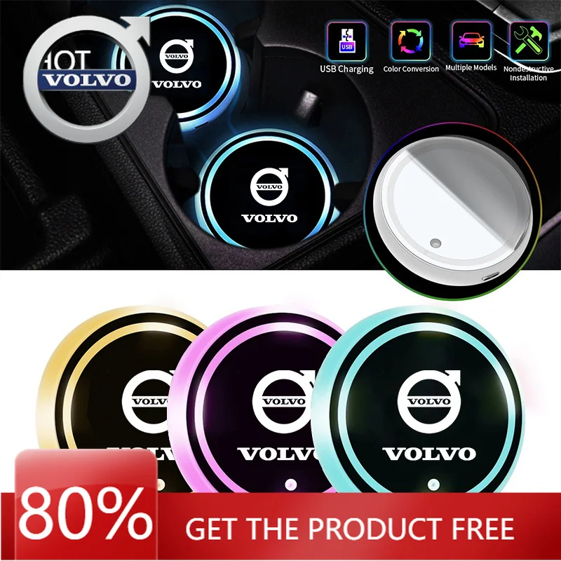

Эмблемы 2026 Новинка для Volvo 2 шт. светодиодный светящийся автомобильный держатель для чашки с водой 7 красочных USB-зарядок для Volvo V40 V60 V90 XC40 XC6