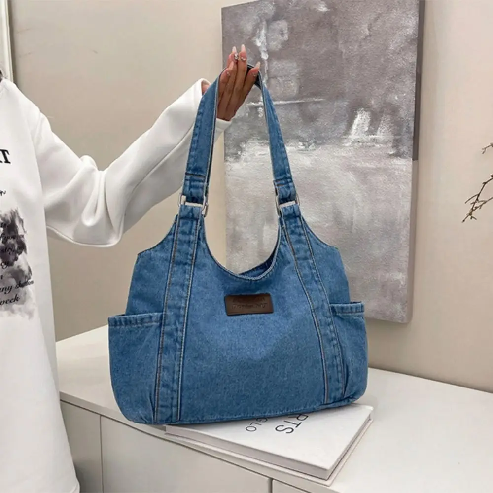 

Casual Korean Style Denim Shoulder Bag Retro Solid Color Canvas Tote Bag Simple Large Capacity Underarm Packs Travel