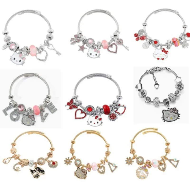 

Kawaii Hello Kitty Bracelet Beads Strand Cute Cartoon Anime Bracelet Pendant Decoration Women Supplies Wholesale Girl Students