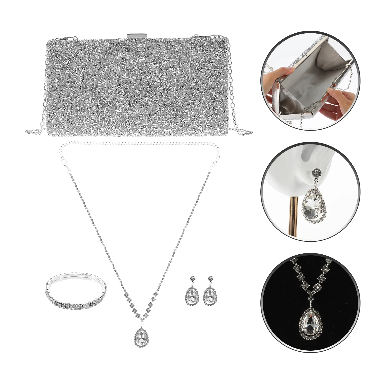 

1 set 1 Set Rhinestone Jewelry Set Clutch Bag Women Necklace Bracelet Earrings Wedding Bride Gift Party Prom Photo Shoot Bridal