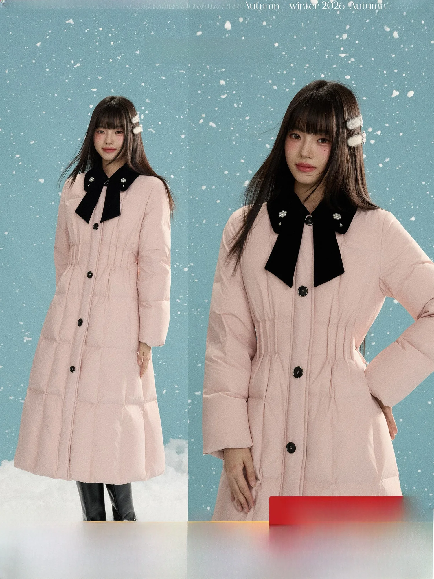 

DALU Knot Color Blo Hooded Mid-Length down Jaet 90 White Du Feather Waist Cinching Skirt Sle Women's Coat