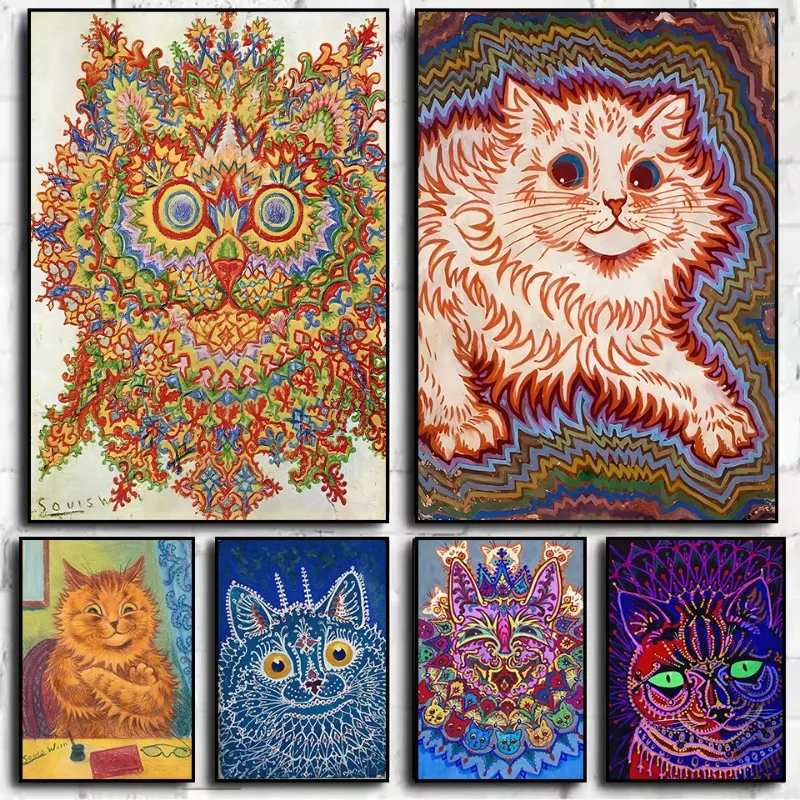 Louis Wain Series Psychedelic Cats Poster Print Canvas Art Pictures Home for Living Room Bedroom Wall Decor Frameless Painting