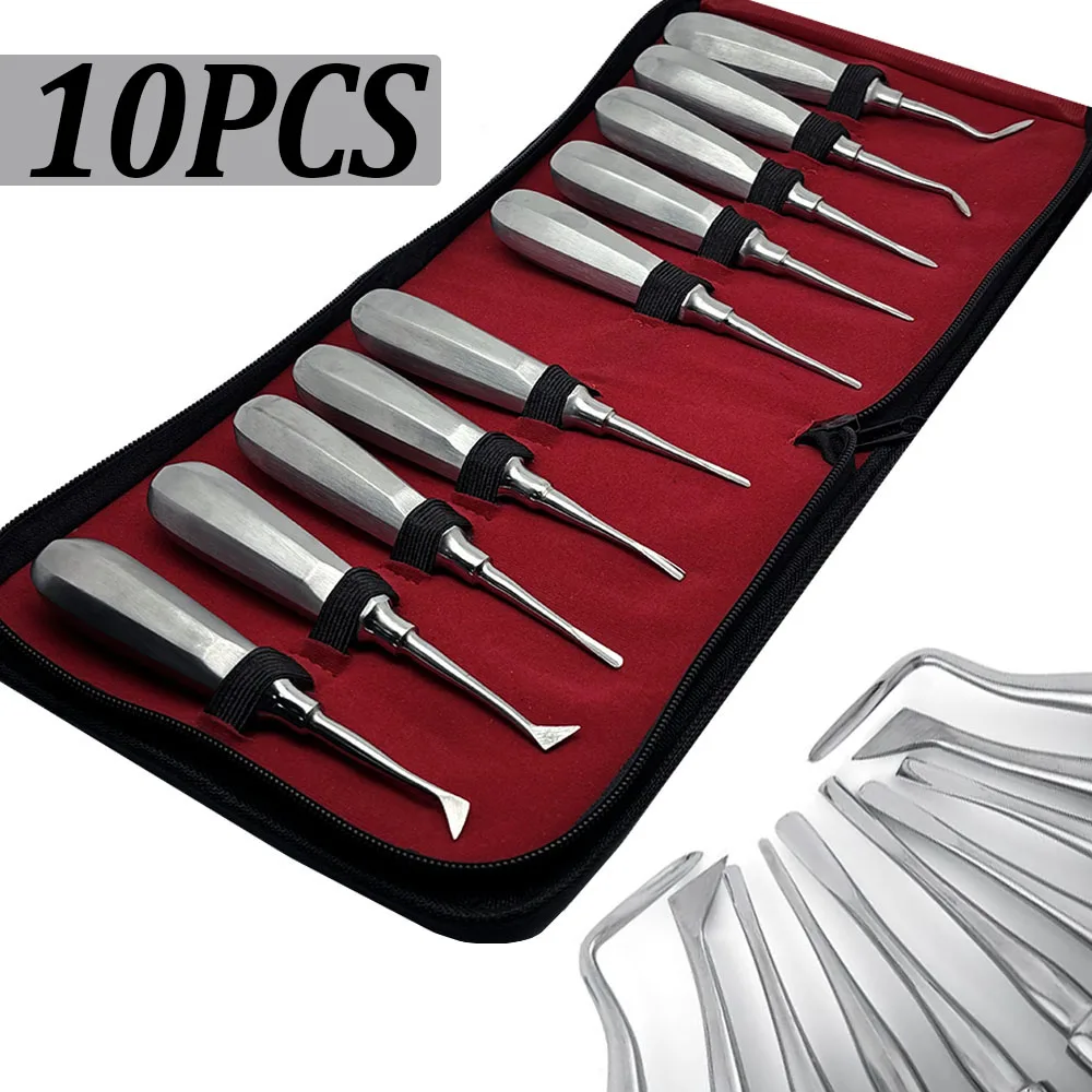 10pcs/set Dental Elevator Handle High Quality Dentist Luxating Lift Elevator Kit Curved Root Tooth Extraction Instruments
