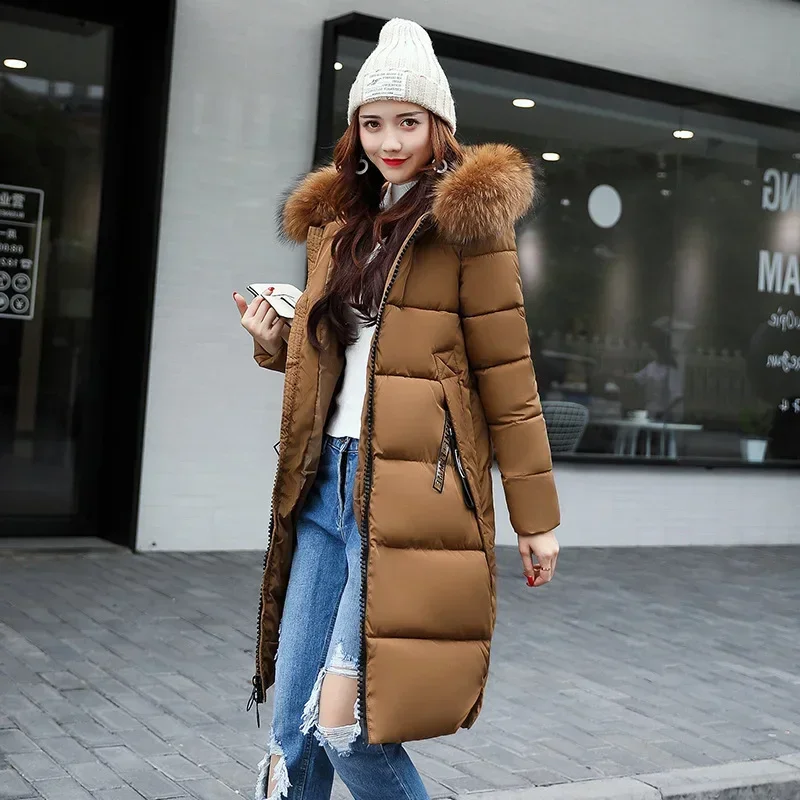 2025 Women's Down Parkas Winter Jacket Big Fur Collar Thick Slim Coat Fashion Hooded Cotton Outerwear Long Autumn Woman Jacket