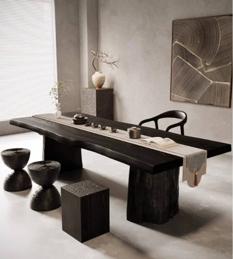 Carbonized black solid wood large board tea table and chair combination