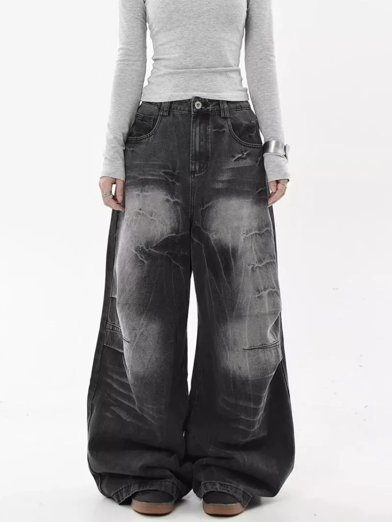 American High Street Vibe Washed Make Old Gradient Lightning Jeans Women Y2K Gothic Vintage Baggy High Waist Wide-leg Pants