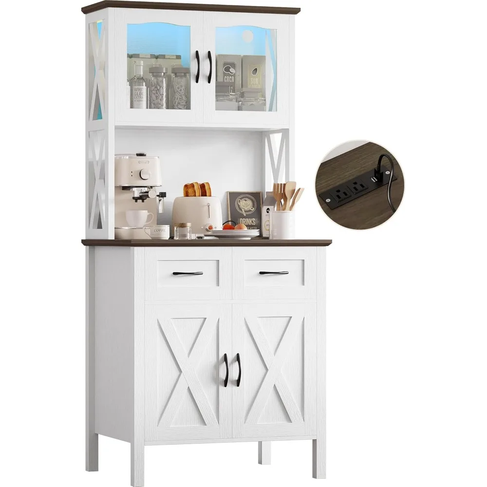 

71" Pantry Cabinet with LED Lights and Charging Station, Tall Kitchen Storage Cabinet with Microwave Stand, Farmhouse Kitchen H
