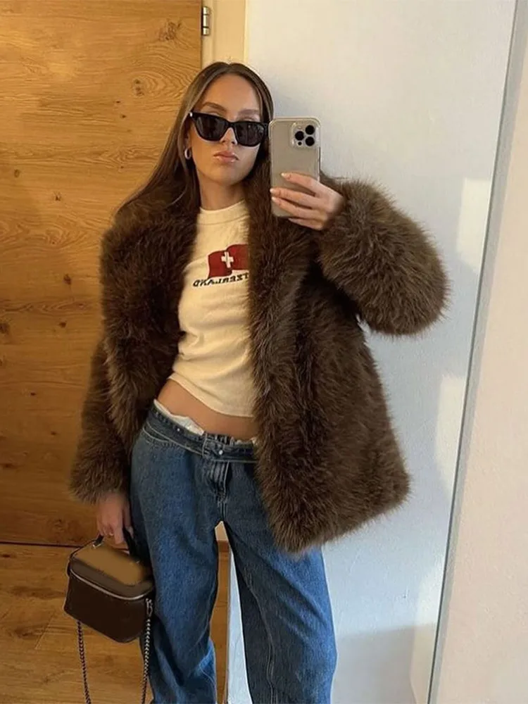 Fashion Brown Women Faux Fur Jacket Luxurious Lapel Long Sleeve Warm Fluffy Coats 2024 Winter Female Solid High Street Outwear