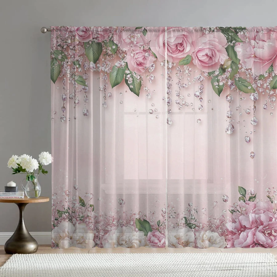 2PCS Digital Print Sheer Curtain, Pink Cherry Blossom Diamond Floral Pattern, Luxurious Elegant Glam Princess Style Decor