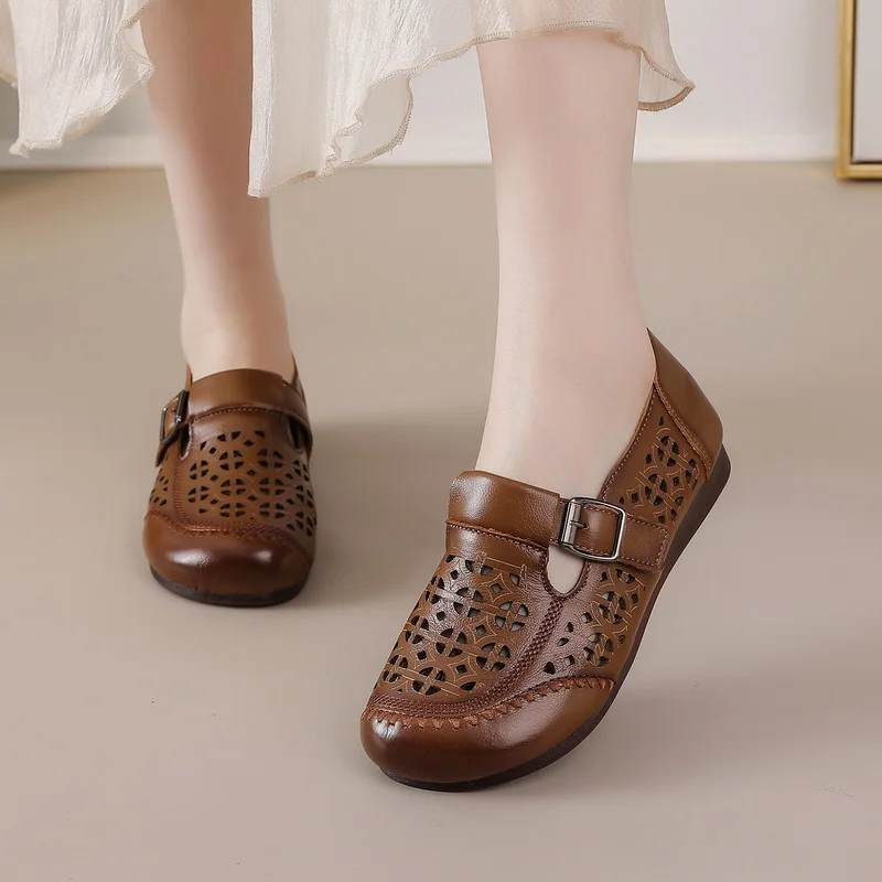 

Vintage Exquisite Buckle Flats Women Genuine Leather Handmade Hollow Out Breathable Non Slip MoccasinsLadies Summer Dressy Shoes
