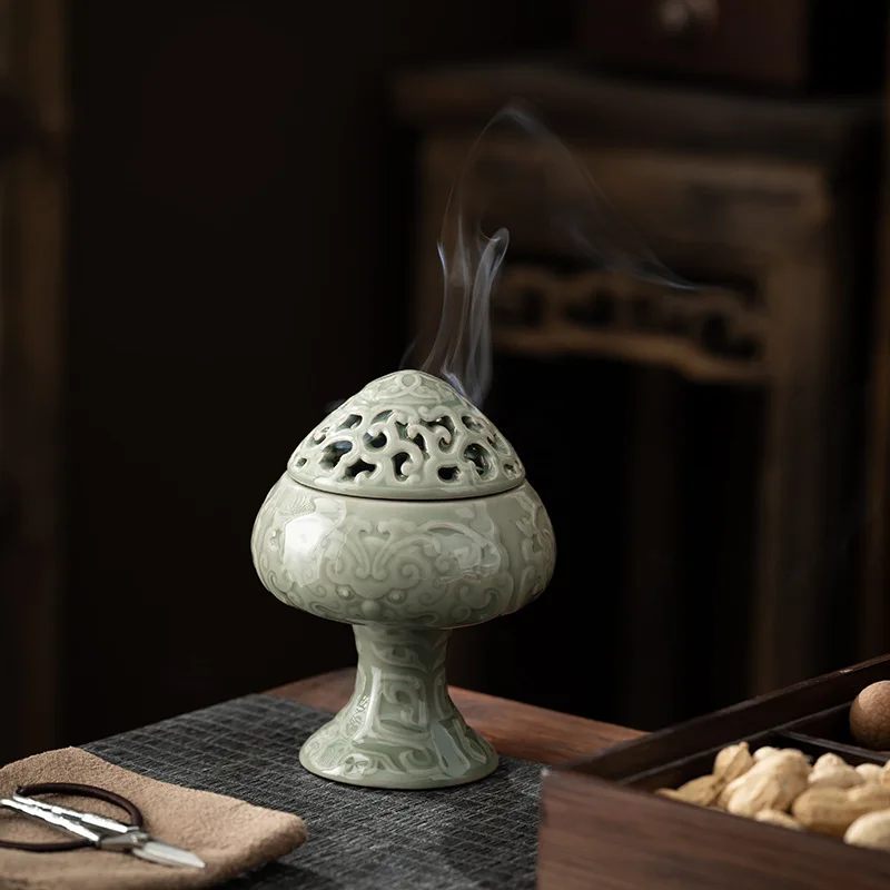 Song Dynasty Style Ceramic Boshan High Foot Incense Burner for Sandalwood Coil Stick Indoor Home Office Zen Decor Gift