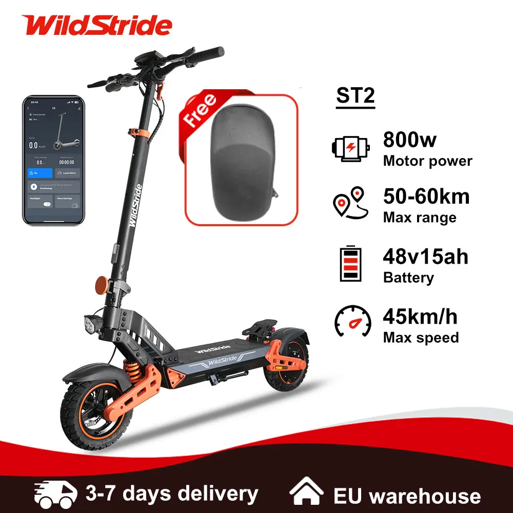 Trottinette électrique Wildstride ST2, moteur 800W, vitesse 45 km/h, batterie 48V 15AH, pneus tout-terrain 10 pouces, application, pliable, trottinette électrique pour adultes